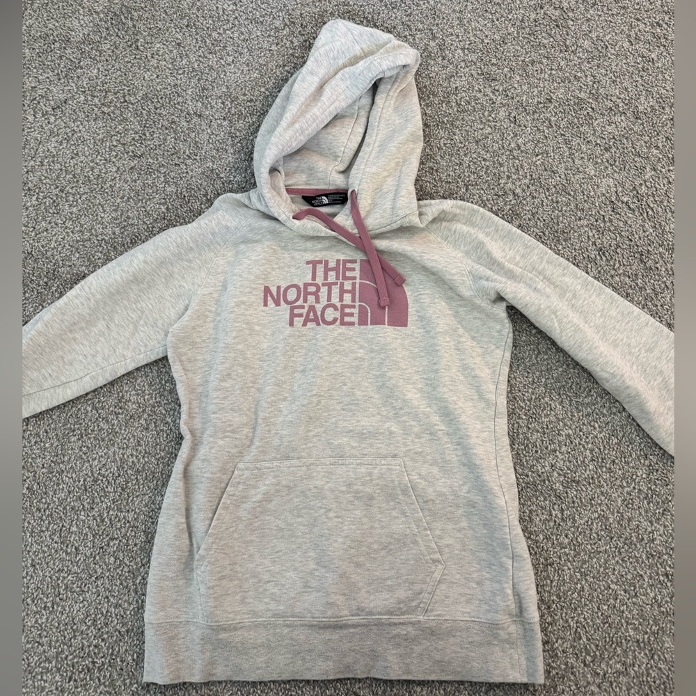 The North Face Light Gray Hoodie with Mauve Drawstrings